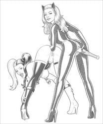 2girls anal_fisting anal_object_insertion baseball_bat batman_(series) batman_66 black_and_white bodysuit boots catwoman dc dc_comics female female_only femdom fisting harley_quinn high-heeled_jill high_heel_boots insertion julie_newmar lipstick monochrome nipple_bells nipples pigtails pussy sfh ssfh yuri