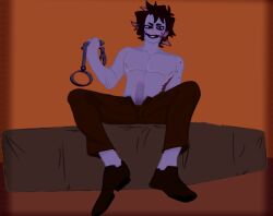 1boy alan_orion_(my_dear_hatchet_man) cigarette_burn crazy_eyes crazy_smile heterochromia leash leash_and_collar looking_at_viewer messy_hair my_dear_hatchet_man penis_out purple_skin scars_all_over scars_on_arm self_upload shirtless_male sitting_on_bed skinny stromcrow toony toony_face