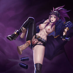 1girls abs akali blue_eyes breasts choker hat k/da_akali k/da_series lan_xiezi league_of_legends nipples open_jacket partially_clothed penis pubic_hair purple_hair pussy spray_paint tagme torn_clothes