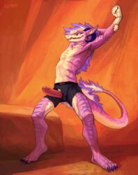 anthro biped claws dragon erection genitals hi_res horn humanoid_genitalia humanoid_penis klongi male penis plantigrade raised_arms reptile scalie solo stretching tail tail_tuft tuft