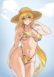 arc_system_works ashiomi_masato bikini blonde_hair blue_eyes blush guilty_gear hat looking_at_viewer millia_rage navel outdoors pinup pose solo solo_focus standing very_long_hair