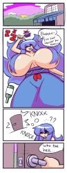 2022 blue_hair comedy comic gensin hair_over_nipples huge_breasts humor keine_kamishirasawa massive_breasts topless touhou