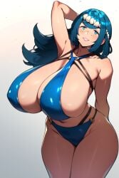 1girls ai_generated alternate_hairstyle alteryors arms_behind_back bikini blue_eyes blue_hair fat_ass freckles gigantic_breasts hairband huge_breasts lana's_mother_(pokemon) large_breasts long_hair milf nintendo novelai one_arm_behind_head pokemon pokemon_sm smile solo thick thick_ass thick_thighs voluptuous