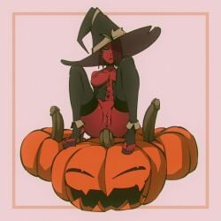 1girls anal bouncing_balls demon demon_girl flou flou_(character) halloween heels jack-o'-lantern pumpkin pussy_piercing stockings succubus tagme video witch_hat