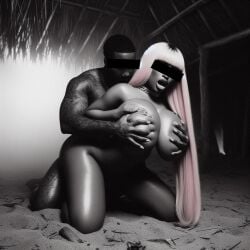 ai_generated artist_request black_and_white breast_grab celebrity dall-e3 dark-skinned_female dark-skinned_male doggy_style grabbing_breasts huge_breasts large_ass large_breasts monochrome nicki_minaj nude nude_female nude_male pink_hair