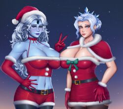 2girls armwear belt big_breasts black_pearl black_pearl_cookie blue_body blue_eyes blue_hair blue_skin blue_skinned_female breasts christmas christmas_clothing christmas_outfit cleavage cookie_run cookie_run_kingdom curly_hair dress female_only frost_queen_cookie fur fur_clothing gloves hand_on_hip humanized humanized_cookie looking_at_viewer navel pale-skinned_female pale_skin parted_bangs pearl pearl_(gem) red_gloves sad santa_hat shorts smile smiling_at_viewer v webbed_ears white_fur white_hair