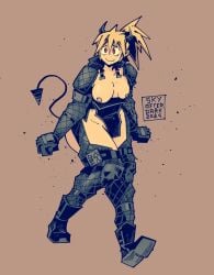 1girls armor blonde_hair boots breasts breasts_out demon_horns demon_tail dorohedoro female gloves goofy_smile japanese_text nikaido nipples ponytail red_eyes revealing_clothes shoulder_pads silly_face skyafterdark smile solid_color_background solo walking