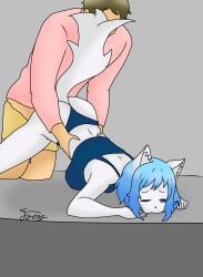 biting_sheets blue_hair downward_dog from_behind purringnsfw virtual_youtuber white_skin wolf_ears wolf_girl wolf_tail wolfychu youtube youtuber