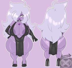 1girls amethyst_(steven_universe) arm_gloves armwear ass ass_cleavage_tanline big_ass big_breasts breasts cellulite clothing cross_samax dress fat_ass female female_only front_view gem_(species) hair_over_one_eye heels high_heels huge_ass large_ass looking_at_viewer pantylines purple_skin rear_view reference_image shoes shortstack solo steven_universe thick_ass thick_thighs wide_hips