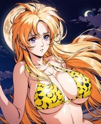 1girls ai_generated big_breasts bikini female female_only jaguar_print long_hair maria_(milkywayarts) milkywayarts moon moonlight night orange_hair original original_character pixai purple_eyes