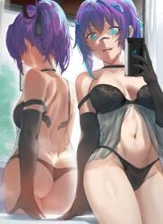 ass blue_eyes breasts female female_only goth hews hews_hack licking_lips light-skinned_female lingerie looking_at_viewer melody_(projektmelody) mirror panties phone projektmelody purple_hair solo two_perspectives virtual_youtuber vshojo vtuber