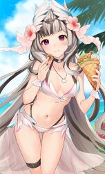 1girls alternate_costume ass_visible_through_thighs beach bikini black_hair breasts choker feather_hair_ornament feathers female female_only fire_emblem fire_emblem_engage food grey_hair hair_ornament haru_(nakajou-28) highres holding holding_food long_hair looking_at_viewer multicolored_hair navel nintendo ocean outdoors petite purple_eyes small_breasts solo swimsuit two-tone_hair very_long_hair veyle_(fire_emblem) white_bikini white_swimsuit