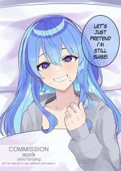 1boy 1girls above_view after_blowjob after_deepthroat after_fellatio after_oral after_sex alternate_hairstyle aqua_hair bed bedroom bedroom_eyes bedsheets blue_eyes blue_hair blush blush_lines blushing_at_viewer choker clothing commission cosplay cute dirty_talk do_not_repost english_text eyelashes female femboy fringe gay girly girly_boy grey_clothing grey_hoodie heart heart-shaped_pupils hololive homosexual homosexual_male hoodie hoodie_only hoshimachi_suisei hoshimachi_suisei_(cosplay) implied_blowjob implied_deepthroat implied_fellatio implied_oral implied_sex jahe_terbang laying_down laying_on_bed light-skinned_male light_skin long_hair looking_at_viewer love male male/male male_focus male_only meme on_bed oral pale-skinned_female petite pillow pubes pubes_in_mouth pubic_hair pubic_hair_in_mouth sheets shiny shiny_hair skinny slim so_as_a_joke_i_went_to_my_friend's_house_(meme) solo stray_pubic_hair sweat sweatdrop sweater sweating teenager teeth teeth_showing text text_bubble topless trap virtual_youtuber vtuber yaoi young