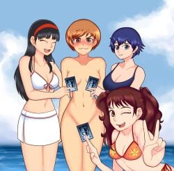 4girls amagi_yukiko bikini bikini_skirt black_hair blue_hair blue_one-piece_swimsuit blue_swimsuit blush breasts brown_hair card cleavage closed_eyes clothed clothed_female clothed_female_nude_female clothing cloud collarbone embarrassed embarrassed_nude_female female female_only groin human kujikawa_rise long_hair looking_at_viewer multiple_girls naked navel nude nude_female one-piece_swimsuit one_eye_closed only_one_naked orange_bikini orange_swimsuit outside pale_skin peace_sign persona persona_4 satonaka_chie shirogane_naoto short_hair smiling smiling_at_viewer standing swimwear tagme thighs twintails uc-four wavy_mouth white_bikini white_swimsuit