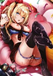 black_thighhighs cellphone cum cum_covered cum_glaze cum_glazed cum_on_feet cum_soaked cum_soaked_panties doujin doujinshi exposed_breasts exposed_pussy feet full_color gal gyaru hatsukoi_time no_text panties panties_around_leg panties_around_legs panties_down simon_(n.s_craft) simon_ns thighhighs used_condom