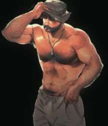 1boy arm_veins blush blush_lines boonie_hat bulge_through_clothing call_of_duty call_of_duty_modern_warfare_2_(2022) chrissdd closed_eyes cock_bulge dog_tags hairy_armpits hairy_arms hairy_chest hairy_male hand_veins hat john_price looking_down male male_only military muscular_male pulling_up_pants solo sweat sweatpants veins