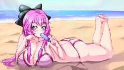1girls beach big_breasts bikini blush cleavage condesavr day female female_focus female_only full_body heart-shaped_pupils holding_ice_cream holding_object horny_wary ice_cream indie_virtual_youtuber latam_virtual_youtuber light-skinned_female light_skin long_hair looking_at_viewer lying ocean pink_eyes pink_hair ribbon ribbon_in_hair summer swimsuit virtual_youtuber voluptuous voluptuous_female vtuber vtuberfanart