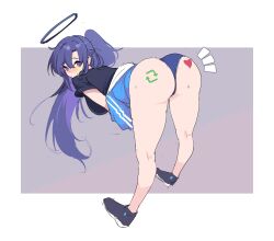 ass ass_focus bent_over black_footwear black_shirt blue_archive blue_buruma blue_jacket blush buruma closed_mouth female from_behind funaya_(a2brasd) gym_uniform hair_between_eyes halo heart highres jacket like_and_retweet long_hair looking_at_viewer looking_back mechanical_halo millennium_science_school_student official_alternate_costume panties panty_peek ponytail purple_eyes purple_hair seminar_(blue_archive) shirt shoes short_sleeves simple_background solo standing star_sticker sticker_on_face sweat thighs track_jacket underwear yuuka_(blue_archive) yuuka_(gym_uniform)_(blue_archive) yuuka_(track)_(blue_archive)