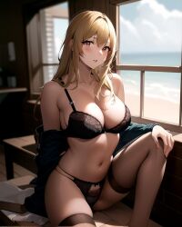 1girls ai_generated ai_mirror beach belly_button black_lingerie blonde_hair blush brown_eyes hand_on_knee jacket jacket_down light_skin lingerie long_hair looking_at_viewer medium_breasts navel sea seaside sitting stockings window wooden_table wooden_wall