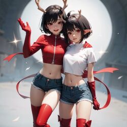 ai_generated antlers beach black_hair elf_ears eye_contact female gloves pixie_cut red red_eyes red_gloves seductive_expression short_hair smirk smug_expression stripper teasing usebackdooronly