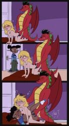 1boy 2girls 2girls1boy aged_up all_fours american_dragon:_jake_long awkward_situation bed bedroom bent_over black_hair blonde_hair blue_eyes breasts bun_hair canon_couple chaothiccneko claws closed_eyes comic comic_panel couple dark-skinned_female dark_skin disney disney_channel doggy_style dracophilia dragon female from_behind green_hair hand_on_head harem hi_res high_resolution highres interspecies jake_long laying_on_bed male naked naked_female necklace nipples nude nude_female one_eye_closed panels penis penis_in_ass rose_(huntsgirl) sex sex_from_behind socks tagme tail threesome trixie_carter twin_buns wings zoophilia