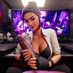 1boy 1girls 3d 3d_(artwork) big_breasts big_penis black_bra black_lingerie cleavage dark-skinned_male dark_skin fortnite handjob interracial macklesternsfw office office_lady rook_(fortnite) unbuttoned unbuttoned_shirt