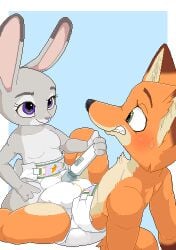 animated animated_gif anthro anthro_on_anthro blush breasts clenched_teeth diaper diaper_fetish diaper_only diapered_lovers duo eye_contact featureless_breasts female fox furry furry_only green_eyes grey_fur infantilism inner_ear_fluff judy_hopps kneeling male male/female nick_wilde nyanyakotarou orange_fur pixel_animation pixel_art purple_eyes rabbit sex sex_toy sitting smile sweat sweatdrop tail_wag tail_wagging vaginal_masturbation vibrator vibrator_on_bulge vibrator_on_penis zootopia