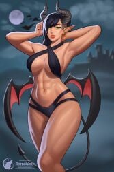 abs armpits arms_behind_head arms_up astrowolf big_breasts elf_female green_eyes muscular_female muscular_thighs nerium sideboob succubus succubus_horns succubus_tail succubus_wings thick_lips thick_thighs tight_clothing toned_body toned_female wide_hips