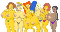 7girls alternate_breast_size big_breasts bindi breasts dark-skinned_female dark_skin earrings edit edna_krabappel gigantic_breasts hands_behind_back helen_lovejoy huge_breasts human humanoid hyper_breasts indian large_breasts lurleen_lumpkin manjula_nahasapeemapetilon marge_simpson maude_flanders maxtlat milf mindy_simmons multiple_females multiple_girls my_mother's_basement nipples the_simpsons third-party_edit yellow_skin