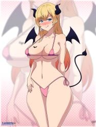 1girls :q bat_wings belly bikini blonde_hair blue_eyes blush breasts demon_girl demon_horns demon_tail female female_focus female_only gradient_hair highres hips hololive hololive_japan large_breasts layerth light-skinned_female light_skin long_hair looking_at_viewer solo solo_focus succubus thick_thighs thighs tongue_out virtual_youtuber watermark yuzuki_choco