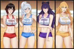 4girls big_breasts black_hair blake_belladonna blonde_hair blue_eyes blue_shorts blush blushing_at_viewer braid braided_ponytail color color_coded dark_purple_hair detailed_background different_breast_sizes embarrassed embarrassed_female female female_focus female_only fit fit_female full_color highres long_hair looking_at_viewer medium_breasts multiple_girls navel purple_eyes purple_shorts red_highlights red_shorts ribbon ribbon_in_hair ruby_rose rwby short_hair short_shorts shorts silver_eyes smiling smiling_at_viewer sports_bra sports_shorts sports_uniform sportswear standing sticking_out_tongue surprised_expression team_rwby teenager tehshraid waist_up weiss_schnee white_hair winking_at_viewer yang_xiao_long yellow_eyes yellow_shorts