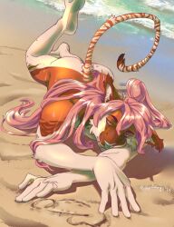 anthro beach bodily_fluids flirting hair hi_res lying male on_front penis_drawing pink_hair pinkpalmingo sand seaside solo stripes sweat