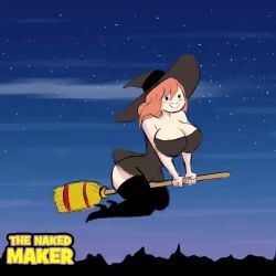 animated animated_gif assisted_exposure barefoot breasts broom dress exposed_breasts exposed_pussy feet gif naked naked_female nude nude_female suddenly_naked the_naked_maker the_naked_maker_(oc) witch witch_broom witch_costume witch_hat