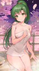 1girls areola_slip breasts cherry_blossoms cleavage collarbone female female female_only fire_emblem fire_emblem:_the_blazing_blade green_eyes green_hair haru_(nakajou-28) heart heart-shaped_pupils highres large_breasts long_hair looking_at_viewer lyn_(fire_emblem) medium_breasts naked_towel night night_sky nintendo onsen ponytail sitting sky smile solo steam symbol-shaped_pupils towel