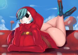 1girls ass big_ass blue_hair bottomless breasts clothing feet_up female female_only high_heels huge_ass l-a-v large_ass lying mario_(series) mask mushroom nintendo on_stomach outdoors pale-skinned_female pale_skin shy_gal sky solo super_mario_bros. thick_ass thick_thighs thighs