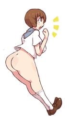 ass bottomless breasts brown_hair clothing female footwear inkerton-kun inkuusan kill_la_kill long_socks mankanshoku_mako shirt shoes short_hair solo topwear