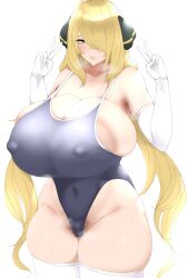 1girls absurdres aizawa_marimo alternate_body_type alternate_breast_size areola_slip armpit_hair armpits blonde_hair blue_one-piece_swimsuit blush breasts cleavage competition_swimsuit covered_navel covered_nipples cynthia_(pokemon) double_v elbow_gloves female female_pubic_hair game_freak gigantic_breasts gloves hair_ornament hair_over_one_eye highleg highleg_swimsuit highres huge_breasts large_areolae long_hair looking_at_viewer mature_female mismatched_pubic_hair multicolored_clothes multicolored_swimsuit navel nintendo one-piece_swimsuit pokemon pokemon_(game) pokemon_dppt pubic_hair pubic_hair_peek simple_background solo steaming_body swimsuit thighhighs two-tone_swimsuit v white_background wide_hips