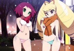 2girls blue_panties breasts brown_eyes dress gloves green_eyes kaidou_zx long_hair looking_at_viewer luna_platz mega_man mega_man_star_force multiple_girls navel nipples no_bra own_hands_clasped own_hands_together panties pink_panties red_gloves red_hair scarf short_hair shorts side-tie_panties small_breasts sonia_strumm topless twintails underwear white_panties young