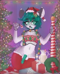 absurd_res anthro bedroom_eyes bell bell_collar bell_harness bodily_fluids candy candy_cane christmas christmas_clothing christmas_headwear christmas_lights christmas_tree clothing collar deer dessert dripping eggnog eggnog_jug fishnet fishnet_gloves fishnet_handwear fishnet_shirt flirting flirting_look food genital_fluids genitals gift gloves green_eyes green_hair green_penis green_tongue hair handwear harness hat headgear headwear hi_res holidays hoofy_(hoofydeer) hoofydeer jingle_bell jingle_bell_harness legwear looking_at_viewer male mammal mistletoe mistletoe_above_penis narrowed_eyes north_pole penis plant precum precum_drip reins saliva saliva_string santa_hat seductive spots thigh_highs tongue tree wreath