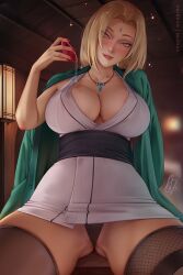 1girls biting_own_lip black_panties black_thighhighs blonde_hair blush breasts brown_eyes crystal_necklace cup drunk facial_mark forehead_mark grey_kimono highres huge_breasts jacket jacket_on_shoulders japanese_clothes kimono lips long_hair mature_female naruto naruto_(series) no_pants olchas panties sakazuki sitting solo thighhighs tsunade underwear