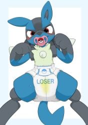 anthro blush diaper diaper_only humiliation lucario male male_focus male_only nyanyakotarou pacifier peeing peeing_self pokémon_(species) pokemon pokemon_(species) solo solo_focus solo_male spikes sweat sweatdrop tears urinating urinating_male urination urine urine_stain wetting wetting_diaper wetting_self