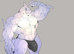 2020 5_fingers absurd_res anthro big_bulge big_muscles black_sclera bulge claws clothed clothing fingers fish flexing grin hi_res huge_bulge huge_muscles humanoid_hands looking_at_viewer lyga male male_only marine muscular muscular_anthro muscular_male restricted_palette rybiok scar shark simple_background smile solo speedo standing swimwear topless veiny_muscles