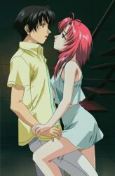 1boy 1boy1girl 1girls blue_eyes bottomwear brown_eyes clothed clothing edited_screencap female floy_(stratosphere_no_yousei) hetero legs looking_at_another looking_up male male/female midriff nymphs_of_the_stratosphere open_mouth pants parted_lips red_hair shirt side_view sleeveless stratosphere_no_yousei surprised tagme topwear white_skirt white_top