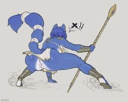 action_pos anthro arm_guards ass back_view big_ass big_breasts blue_body blue_fur blue_hair bottomless bottomwear bra breasts canid canine casloafy clothed clothing crouching fat_ass female footwear fox fur genitals hair hi_res holding_melee_weapon holding_spear holding_weapon krystal loincloth mammal melee_weapon nintendo no_panties pussy sandals shin_guards solo spear speech_bubble staff star_fox sword tail tail_wraps thick_ass thick_thighs tribal_clothing underwear weapon white_loincloth white_pussy wraps