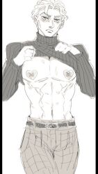 abs adsword diamond_is_unbreakable feminine_male gay jojo's_bizarre_adventure kosaku_kawajiri lifting_shirt male_chest manboobs muscular_male pecs pectorals solo_male submissive_male thin_waist twink yoshikage_kira