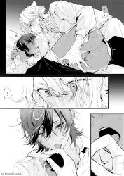 ! 2boys ass blush collared_shirt comic cookie_run cookie_run_kingdom dark-skinned_male dark_skin espresso_cookie gay humanized humanized_cookie madeleine_cookie male_pov monochrome open_mouth pants pants_down pov tongue yaoi