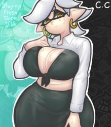 belly belly_button big_breasts breasts breasts_out button_down_shirt champchidi cleavage earrings emotionless fog huge_breasts inkling inkling_girl kuudere marie_(splatoon) nintendo pencil_skirt splatoon sweat sweatdrop sweating sweaty sweaty_breasts tummy