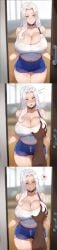 1boy 1girls 3koma ai_generated azur_lane blue_eyes blush breast_grab choker cleavage comic dark-skinned_male dark_skin eagle_union_(azur_lane) floox groping huge_breasts light-skinned_female light_skin long_hair sequence tank_top thiccwithaq_(ai_style) white_hair yorktown_(azur_lane)