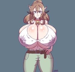 animal_ears areolae astralx big_breasts bra brown_hair cow_ears cow_girl female female_only giant_breasts green_eyes horn huge_breasts lactating lactation lactation_through_clothes lacto_(haruozi) looking_at_viewer massive_breasts milk nipples nipples_visible_through_clothing puffy_nipples thick thick_ass