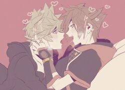 2boys blonde_hair blue_eyes blush brown_hair clothed french_kiss hand_on_head heart kingdom_hearts kissing laying_down male_only roxas sora sora_(kingdom_hearts) spit spit_string square_enix tongue tongue_kiss tongue_out yaoi